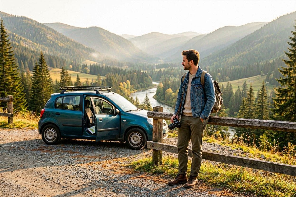 Traveler enjoying a spontaneous stop at a scenic view